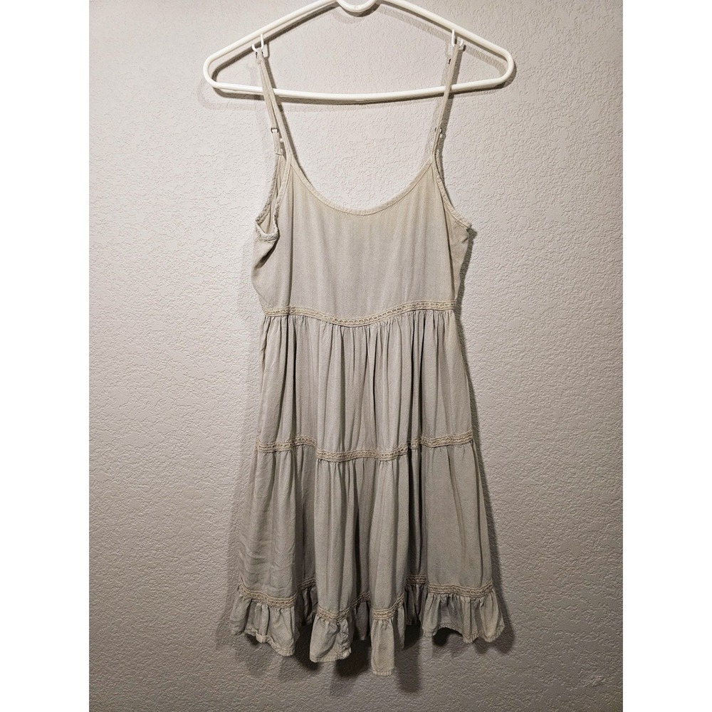 Coquette Mimi Tiered Mini Dress Beige Crochet Trim Boho Sun Dress XS Cottagecore